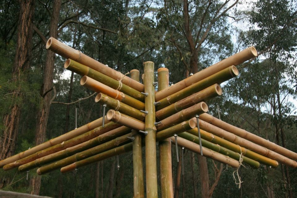 Each corbelled bamboo beam member is bolted to the column which helps achieve a rigid frame