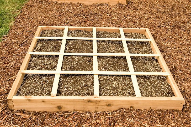 Once you have assembled the frame, lay a grid to demarcate each square foot.  