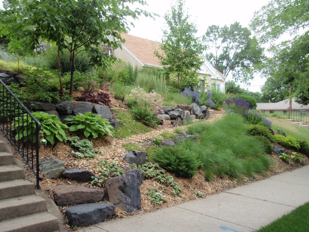 An image of a heavily worked Sloping Yard Landscaping for homes.
