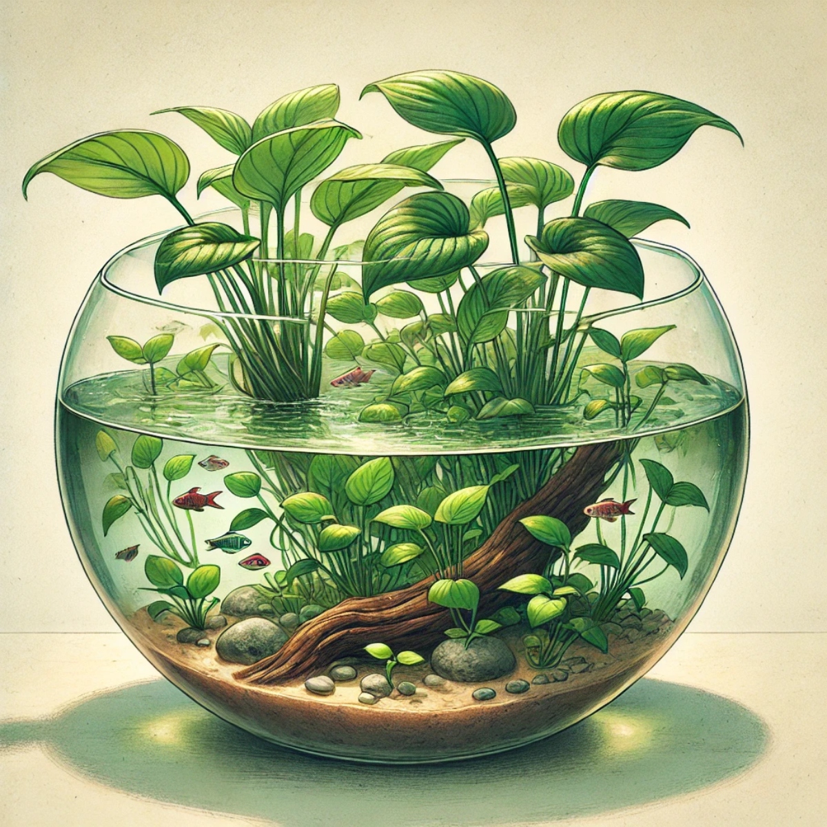 An illustration of a planted fish bowl.