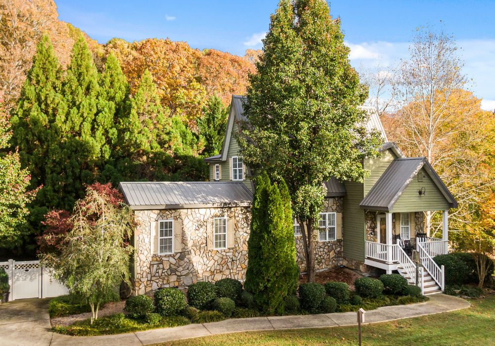 An image of an oak tree growing beside a house.