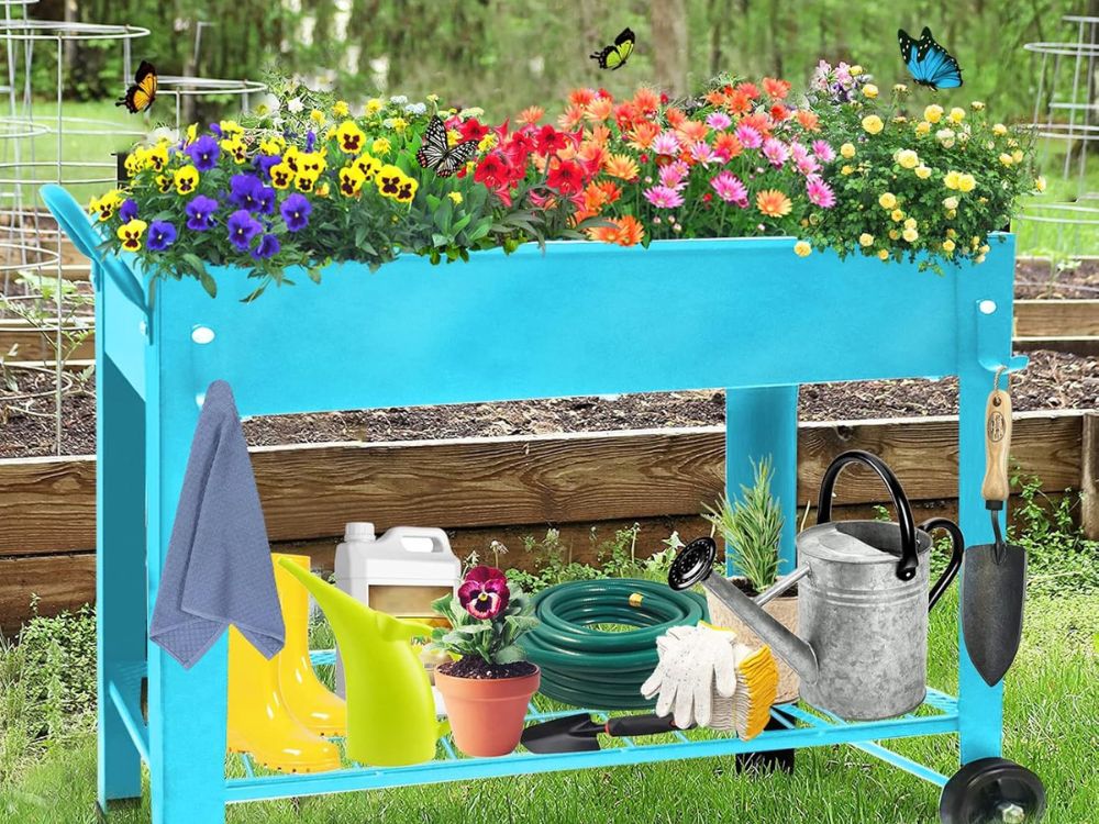 An image of a waist high garden bed with a storage compartment. 